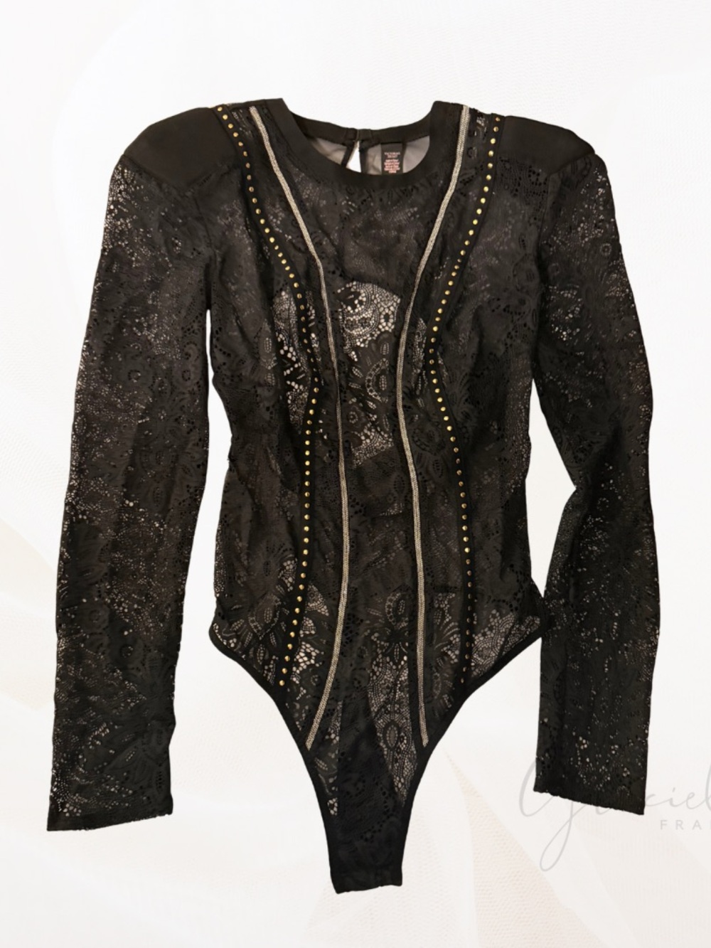 NEW Victoria's Secret Black Lace Long-Sleeve Bodysuit with Gold Stud Trim